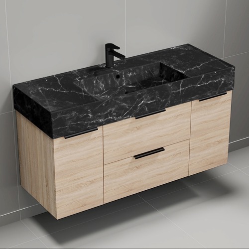 Nameeks DERIN976 48 Inch Bathroom Vanity With Black Marble Design Sink, Floating, Brown Oak